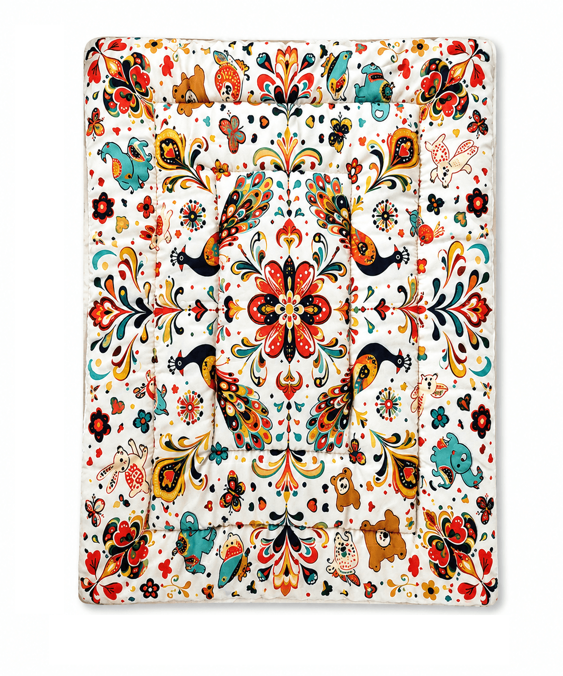 Quilted cream bed protector mat featuring a symmetrical folk-art print with peacocks and floral motifs.